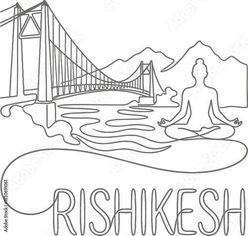 Rishikesh yoga meditation near Lakshman Jhula bridge vector illustration