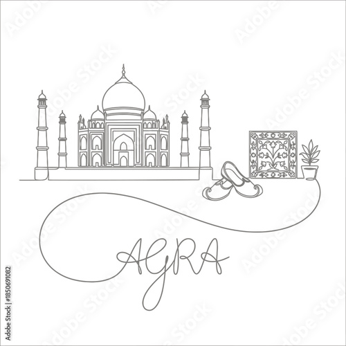 Taj Mahal and Agra city icons continuous line vector illustration