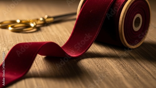 Red Velvet Ribbon and Golden Scissors on Wooden Table.