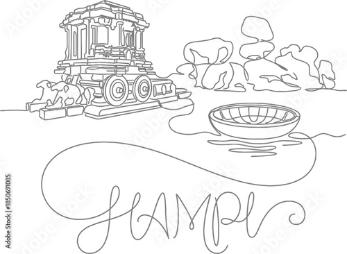 Stone Chariot Hampi landmark with coracle line art vector