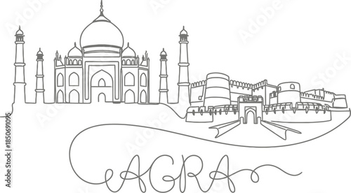 Taj Mahal and Agra landmarks continuous line vector illustration