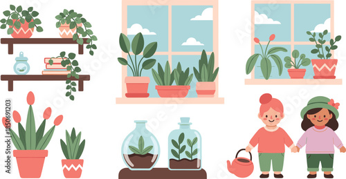 Children caring for indoor plants