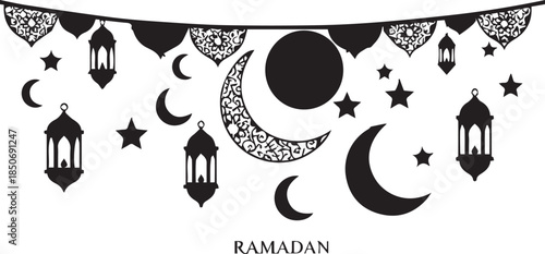 Ramadan islamic decorative banner with crescent moons lanterns and stars