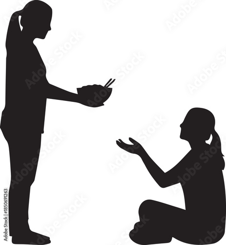 Silhouette of a person offering food to another person sitting down