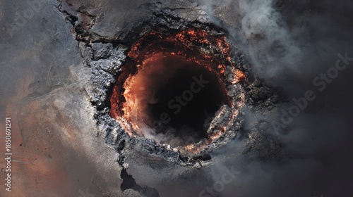 A dark, circular void erupts with fiery light and billowing smoke, framed by cracked and ashen surfaces