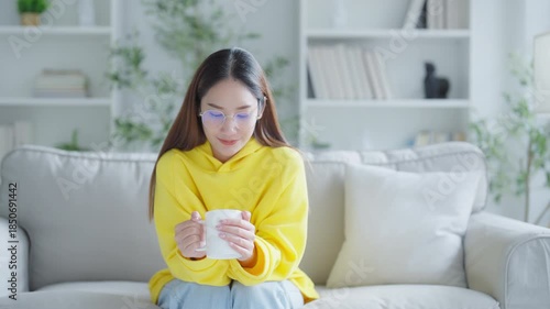 Young beautiful Asian woman her hands holding a cup of coffee morning winter time in living room. Happy and cheerful relaxing in winter