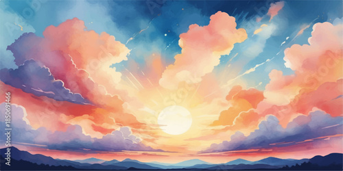 A dramatic orange sunset glows over mountain peaks as sunlight pierces through a beautiful cloudscape in the colorful evening sky