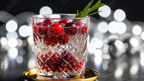 Festive Cranberry Cocktail with Rosemary Garnish and Bokeh Lights.