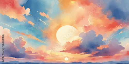 A dramatic orange sunset glows behind mountain peaks under a beautiful sky filled with bright yellow and red clouds during a serene evening dusk

Would you like me to generate a similar descriptive st