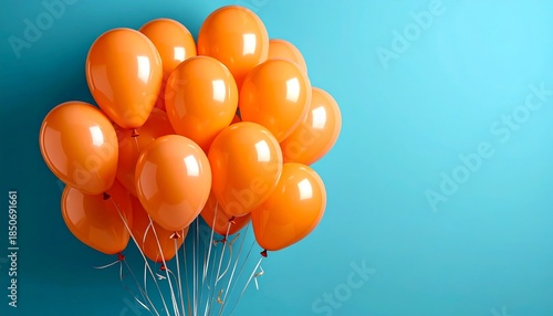 A vibrant bunch of shiny, orange balloons float against a smooth, bright blue backdrop, suggestive of celebration