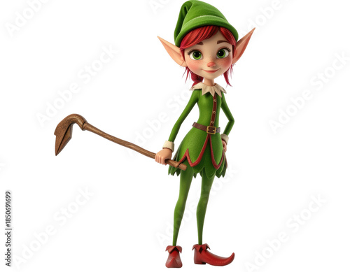 Whimsical Elf Character With Red Hair and Green Costume Holding a Broom in a Fantasy Setting