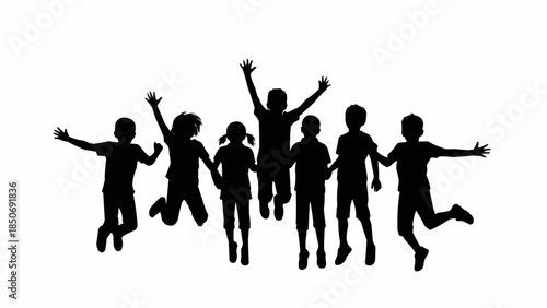 Group of diverse children jumping joyfully in silhouette.