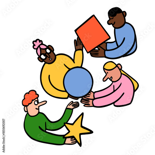 Team members passing geometric shapes to each other