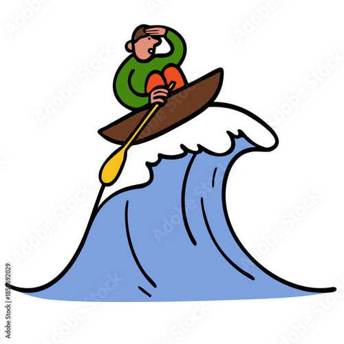 Man in boat stranded at sea and riding big wave