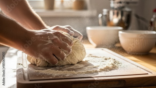 Hands Kneading Fresh Dough on a Wooden Board in a Bright Kitchen.