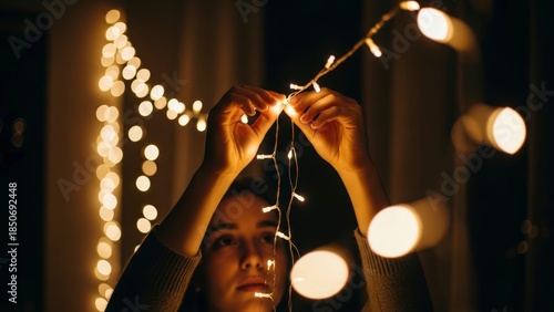 Close-up of a person decorating with warm fairy lights at night.