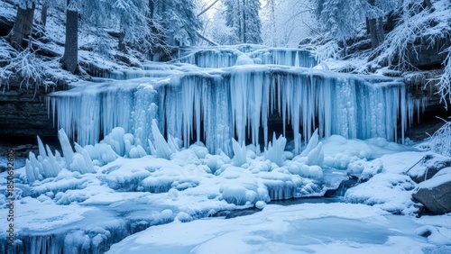 Frozen Waterfall Icicles and Snow Covered Forest in Winter.