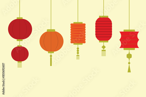 Set of Chinese Lanterns, Chinese New Year, Mid Autumn Festival background, banner and greeting card. Flat minimalist geometric design.