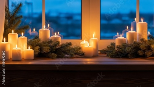 Cozy Winter Window Display with Lit Candles and Evergreen Garland.