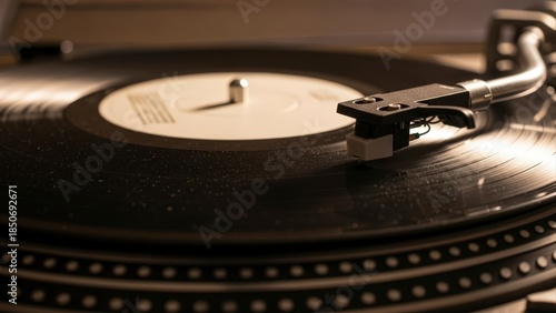 Close-up of a vintage vinyl record spinning on a turntable.