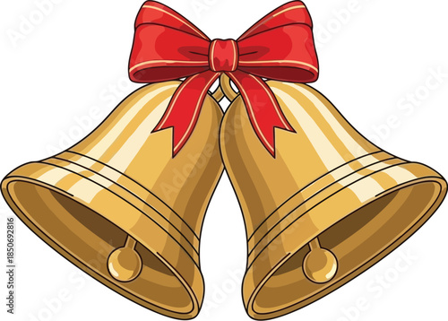 Pair of shining golden Christmas bells tied with a red ribbon and bow, festive decoration