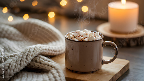 Wallpaper Mural Cozy Winter Hot Chocolate with Marshmallows in Ceramic Mug on Wooden Board Torontodigital.ca
