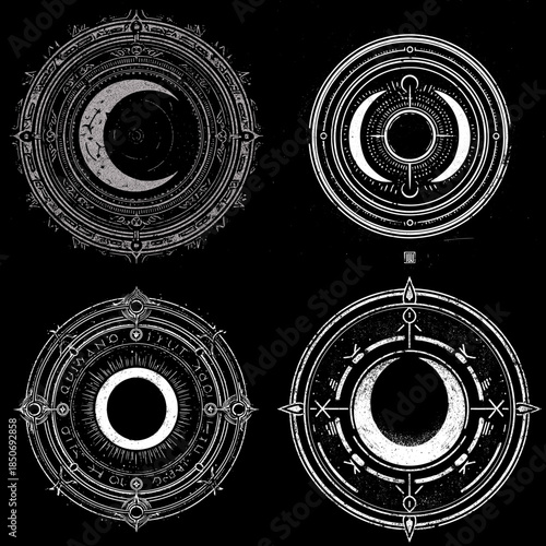 Abstract circular arcane symbols with geometric symmetry and mystical details illustrated in monochrome style for fantasy rituals occult themes and decorative design.