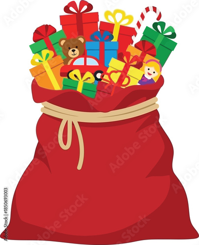 Santa's red sack overflowing with colorful Christmas gifts and toys, isolated on white. Festive holiday delivery concept.