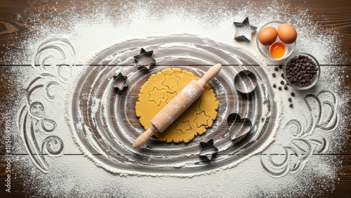 Overhead view of baking ingredients and tools for making cookies.