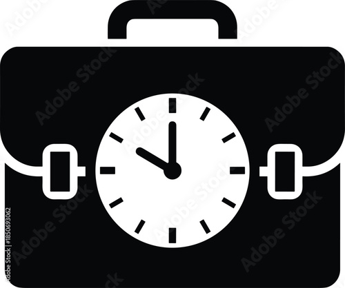 Business briefcase with clock icon symbolizing time management punctuality deadline productivity work efficiency isolated black vector illustration