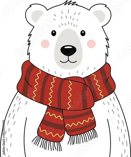 Cute cartoon polar bear wearing a red and yellow striped scarf, with rosy cheeks, isolated on white. Adorable winter animal.