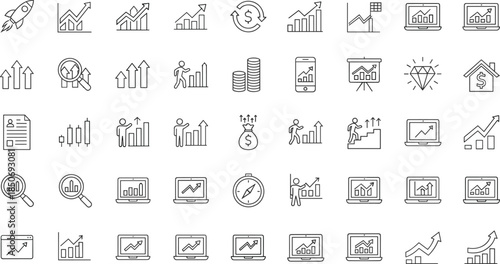 Business growth analytics line icon set featuring finance charts startup progress investment strategy marketing success outline vector illustration