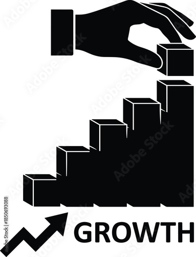 Business growth concept icon showing hand placing blocks on rising chart symbolizing strategy planning progress success isolated vector illustration