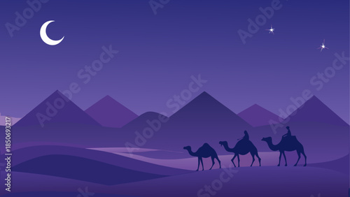 Caravan under moonlit desert