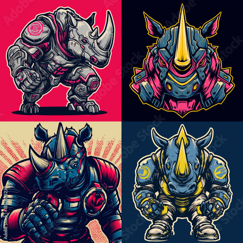 Futuristic robotic rhinoceros warrior illustrations with heavy armor and bold colors designed for science fiction games powerful mascots and aggressive character branding.