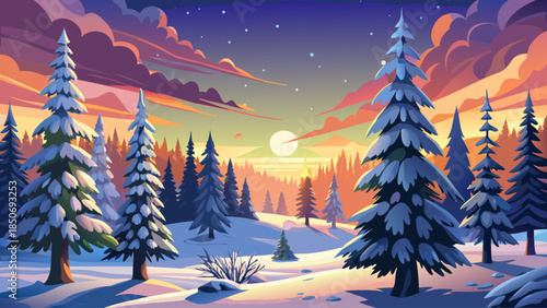Scenic winter nature background with snow-covered fir trees in a pine forest, glowing under a warm sunset sky, designed as an elegant Christmas and New Year holiday greeting card