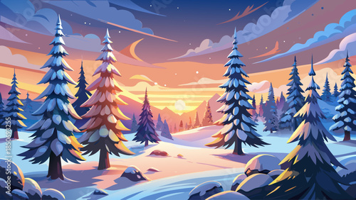 Scenic winter nature background with snow-covered fir trees in a pine forest, glowing under a warm sunset sky, designed as an elegant Christmas and New Year holiday greeting card