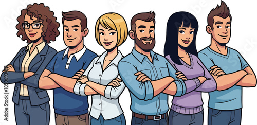 Cartoon illustration of six confident individuals standing together