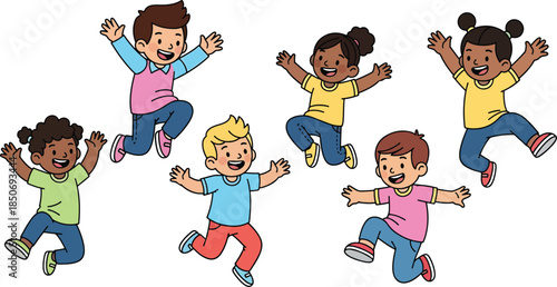 Diverse group of six happy children jumping together in a playful and energetic scene