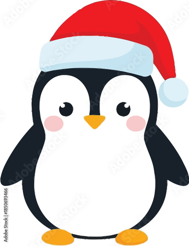 Cute cartoon penguin wearing a Santa hat, with rosy cheeks and big eyes. Adorable festive character for Christmas.