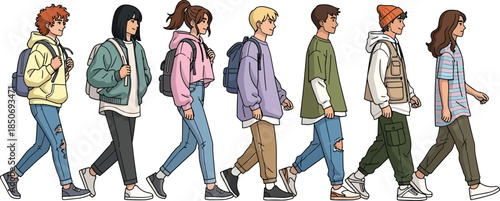 Diverse group of young people walking in a line with various fashion styles