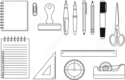 Minimal office stationery line icons set featuring notebook pens ruler scissors paper clips tape stamp compass isolated vector illustration design