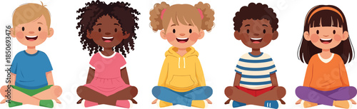 Diverse group of five happy children sitting in a row