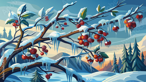 Detailed winter nature image of a berberis branch coated in thick ice and snow, capturing fragile botanical forms and the serene atmosphere of a frozen landscape