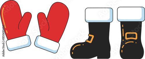 Pair of Santa's red mittens and black boots with white trim, iconic symbols for Christmas holidays.