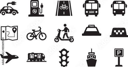 Transportation icons for modern travel and commuting solutions