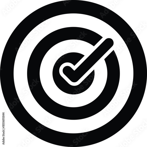 Target with check mark icon symbolizing goal achievement success accuracy approval task completion isolated black vector illustration