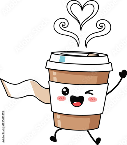 Cute kawaii coffee cup character mascot with heart steam and winking face for cafe brand logo and stickers