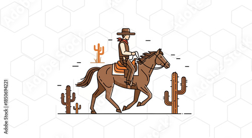 A detailed illustration showcasing a cowboy riding a horse through the desert landscape with cacti