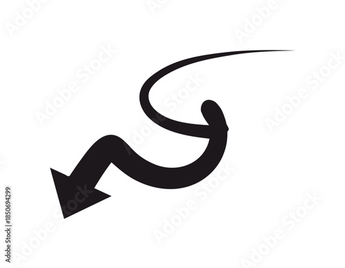 Thick Black Curvy C-Shape Arrow Pointing Downward on an Isolated White Background